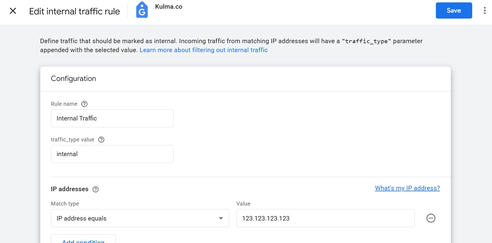 GA4 Admin panel showing the Data Filters section with the Internal Traffic filter highlighted