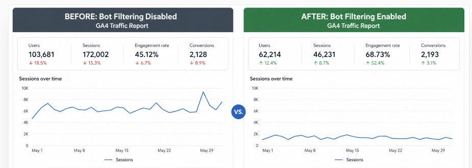 GA4 reports before and after bot filtering showing lower session count and higher engagement rate
