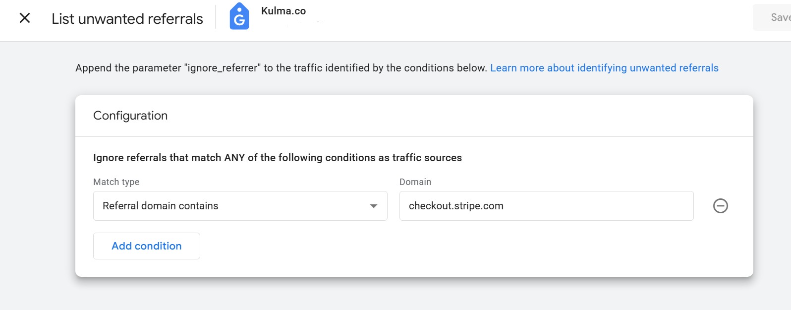 GA4 Admin panel showing the Referral Exclusions list with a payment processor domain added as an exclusion